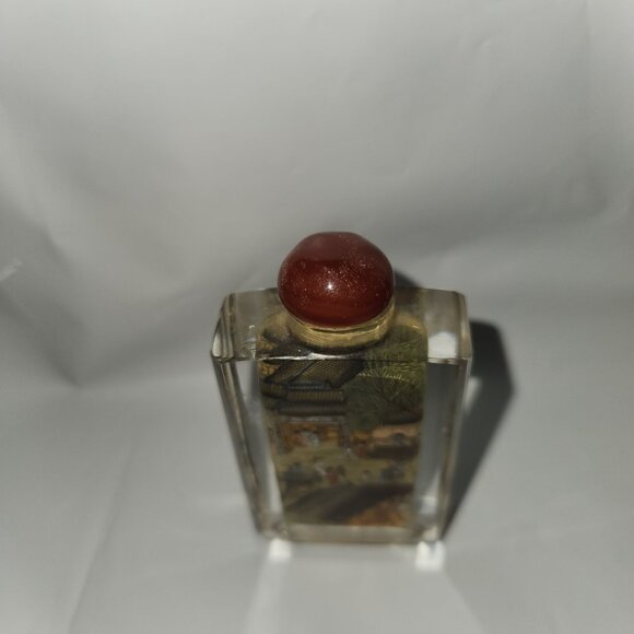 Hand-Painted Asian Scene Glass Snuff Bottle With Red Cap - Picture 3 of 8